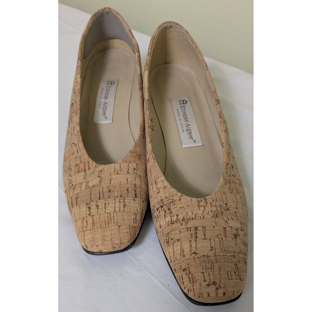 Vintage Etienne Aigner Sarah Cork Square Toe Block Heel Pumps 9.5M Made Spain